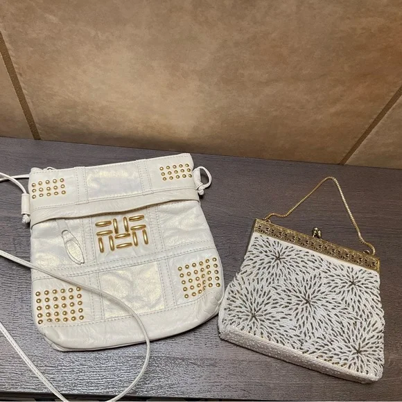 Lot of 2 purses BUNDLE Elegant White and Gold Women's Bag Set Vintage beaded - Picture 2 of 12